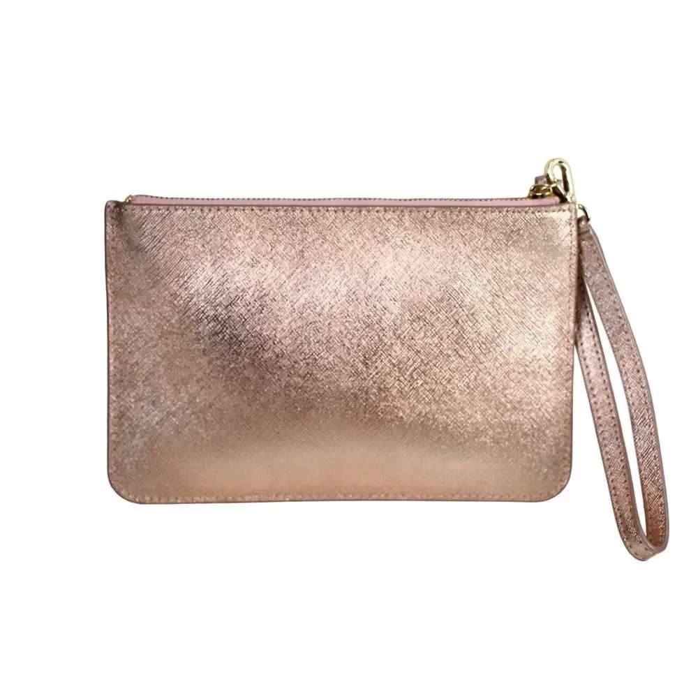 kate spade NY PINK GOLD GENUINE LEATHER ZIP TOP PURSE CLUTCH WALLET WRISTLET